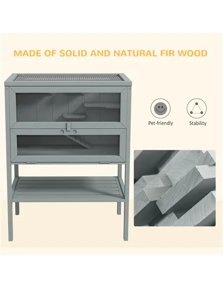 PawHut Wooden Hamster Cage 3 Tier House w/ Storage Shelf, Openable Top for Gerbils, Grey