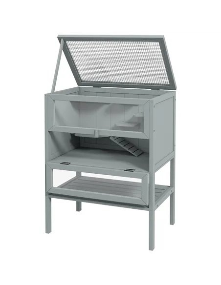 PawHut Wooden Hamster Cage 3 Tier House w/ Storage Shelf, Openable Top for Gerbils, Grey