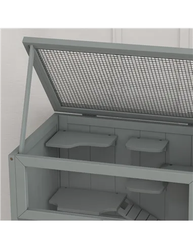 PawHut Wooden Hamster Cage 3 Tier House w/ Storage Shelf, Openable Top for Gerbils, Grey
