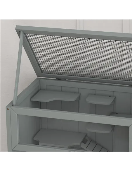 PawHut Wooden Hamster Cage 3 Tier House w/ Storage Shelf, Openable Top for Gerbils, Grey