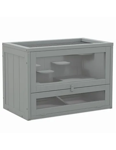 PawHut Wooden Hamster Cage Mouse Mice Rodent Small Animals Hutch Exercise Play House 60 x 35 x 42cm, Grey