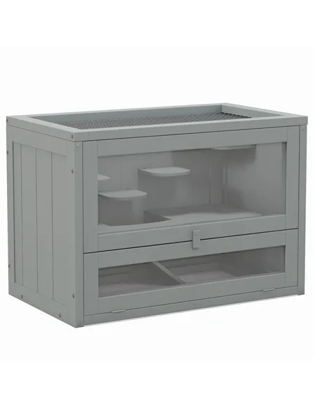 PawHut Wooden Hamster Cage Mouse Mice Rodent Small Animals Hutch Exercise Play House 60 x 35 x 42cm, Grey