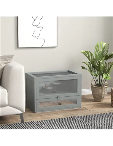 PawHut Wooden Hamster Cage Mouse Mice Rodent Small Animals Hutch Exercise Play House 60 x 35 x 42cm, Grey