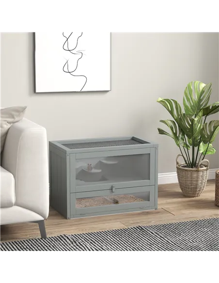 PawHut Wooden Hamster Cage Mouse Mice Rodent Small Animals Hutch Exercise Play House 60 x 35 x 42cm, Grey
