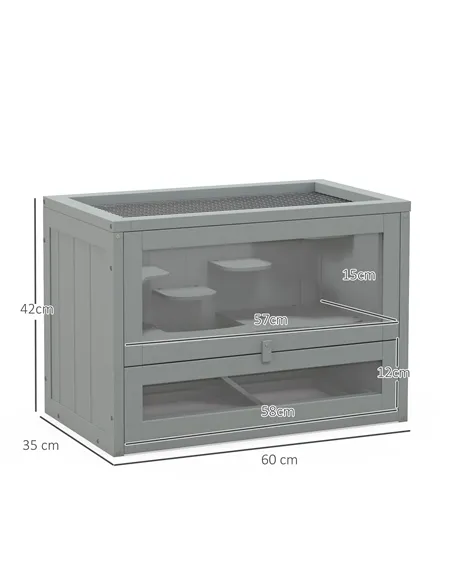 PawHut Wooden Hamster Cage Mouse Mice Rodent Small Animals Hutch Exercise Play House 60 x 35 x 42cm, Grey