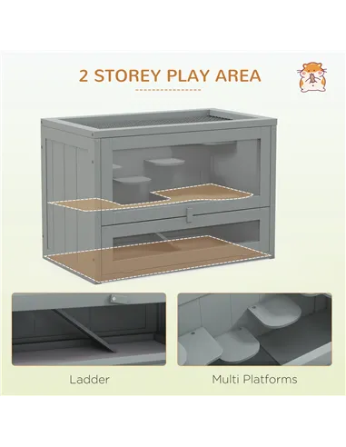 PawHut Wooden Hamster Cage Mouse Mice Rodent Small Animals Hutch Exercise Play House 60 x 35 x 42cm, Grey