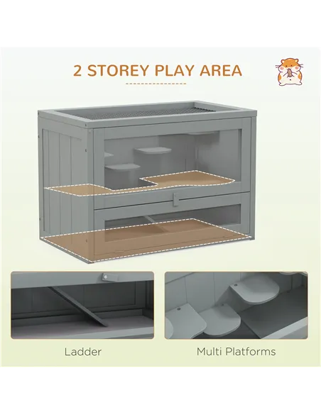PawHut Wooden Hamster Cage Mouse Mice Rodent Small Animals Hutch Exercise Play House 60 x 35 x 42cm, Grey