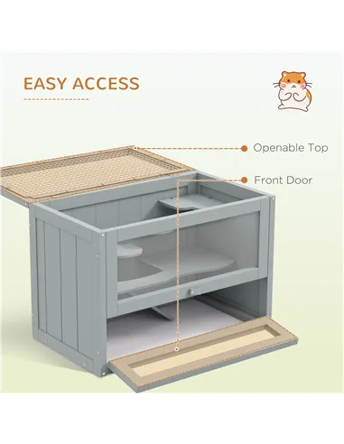 PawHut Wooden Hamster Cage Mouse Mice Rodent Small Animals Hutch Exercise Play House 60 x 35 x 42cm, Grey