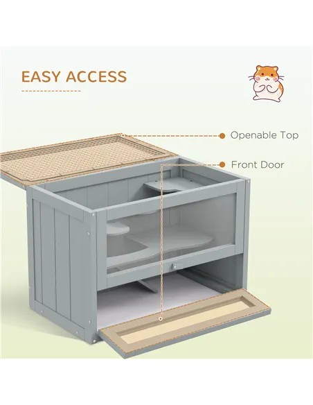 PawHut Wooden Hamster Cage Mouse Mice Rodent Small Animals Hutch Exercise Play House 60 x 35 x 42cm, Grey