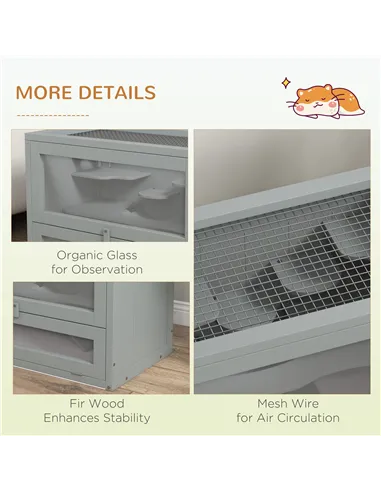 PawHut Wooden Hamster Cage Mouse Mice Rodent Small Animals Hutch Exercise Play House 60 x 35 x 42cm, Grey