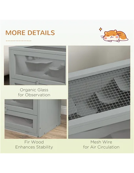 PawHut Wooden Hamster Cage Mouse Mice Rodent Small Animals Hutch Exercise Play House 60 x 35 x 42cm, Grey