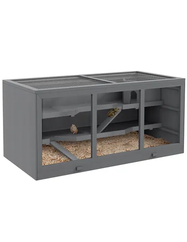 PawHut Wooden Hamster Cage, Small Animals Hutch with Tray, Openable Top, Exercise Play House Pen, 115L x 57W x 55Hcm, Grey