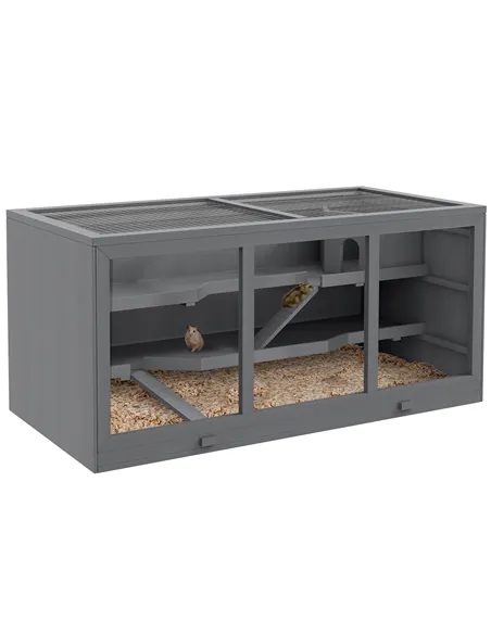 PawHut Wooden Hamster Cage, Small Animals Hutch with Tray, Openable Top, Exercise Play House Pen, 115L x 57W x 55Hcm, Grey