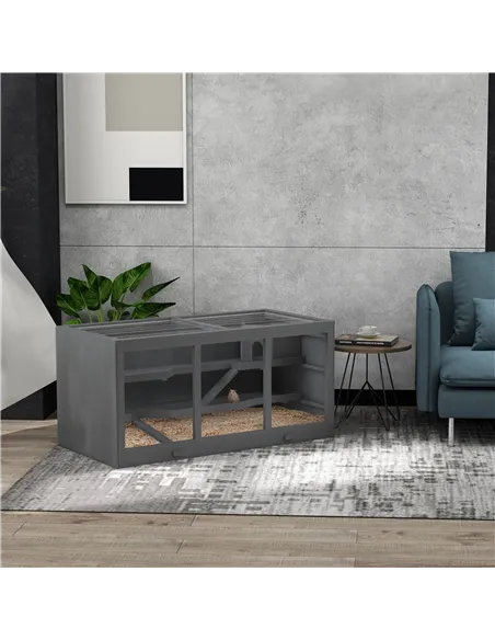 PawHut Wooden Hamster Cage, Small Animals Hutch with Tray, Openable Top, Exercise Play House Pen, 115L x 57W x 55Hcm, Grey