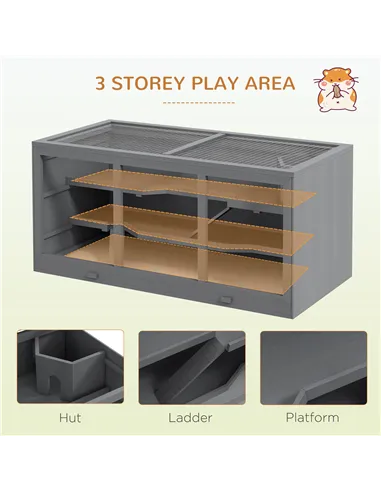 PawHut Wooden Hamster Cage, Small Animals Hutch with Tray, Openable Top, Exercise Play House Pen, 115L x 57W x 55Hcm, Grey