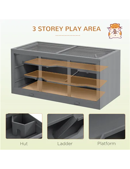 PawHut Wooden Hamster Cage, Small Animals Hutch with Tray, Openable Top, Exercise Play House Pen, 115L x 57W x 55Hcm, Grey