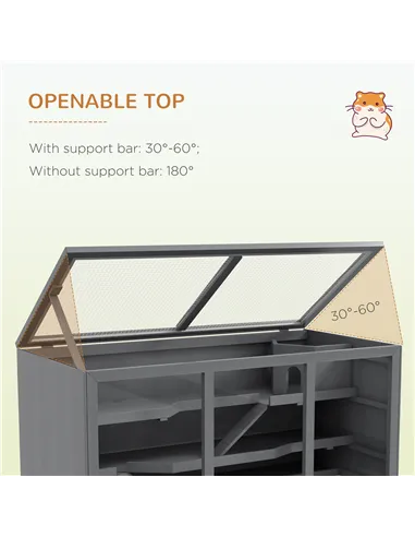 PawHut Wooden Hamster Cage, Small Animals Hutch with Tray, Openable Top, Exercise Play House Pen, 115L x 57W x 55Hcm, Grey
