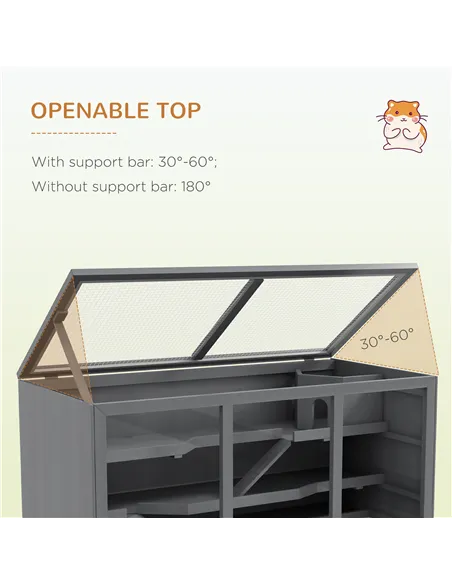PawHut Wooden Hamster Cage, Small Animals Hutch with Tray, Openable Top, Exercise Play House Pen, 115L x 57W x 55Hcm, Grey
