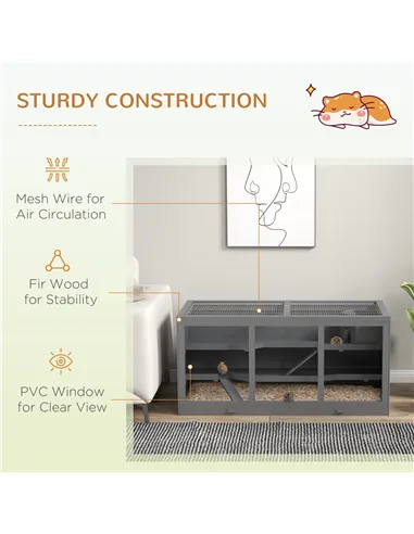 PawHut Wooden Hamster Cage, Small Animals Hutch with Tray, Openable Top, Exercise Play House Pen, 115L x 57W x 55Hcm, Grey