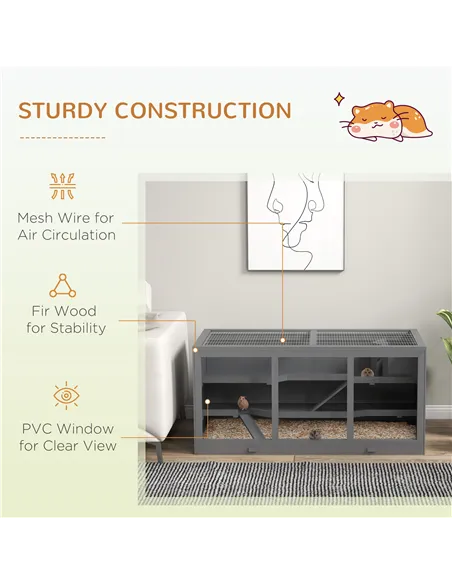PawHut Wooden Hamster Cage, Small Animals Hutch with Tray, Openable Top, Exercise Play House Pen, 115L x 57W x 55Hcm, Grey