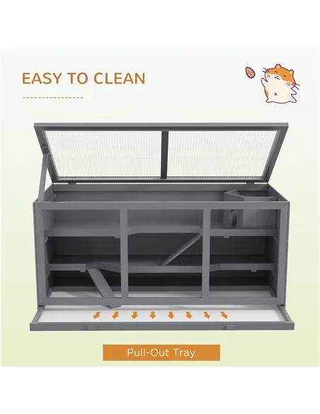 PawHut Wooden Hamster Cage, Small Animals Hutch with Tray, Openable Top, Exercise Play House Pen, 115L x 57W x 55Hcm, Grey