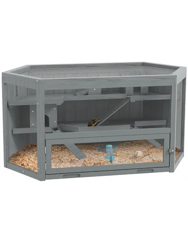 PawHut 3 Tier Wooden Large Hamster Cage with Sliding Tray, Seesaws, Water Bottle, Grey
