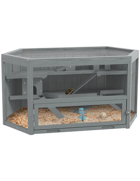 PawHut 3 Tier Wooden Large Hamster Cage with Sliding Tray, Seesaws, Water Bottle, Grey