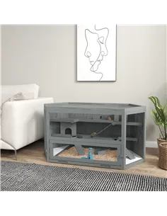 PawHut 3 Tier Wooden Large Hamster Cage with Sliding Tray, Seesaws, Water Bottle, Grey 2