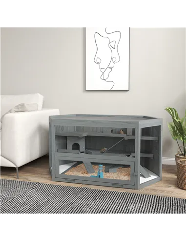 PawHut 3 Tier Wooden Large Hamster Cage with Sliding Tray, Seesaws, Water Bottle, Grey