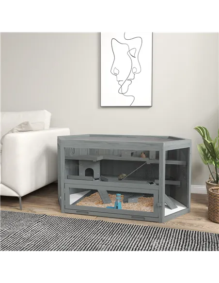 PawHut 3 Tier Wooden Large Hamster Cage with Sliding Tray, Seesaws, Water Bottle, Grey