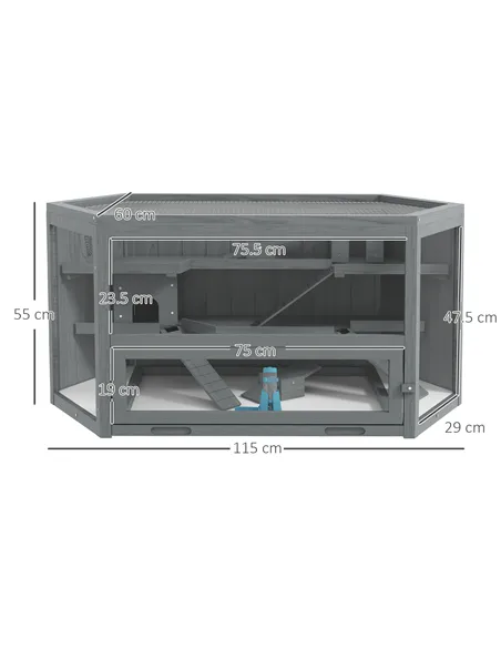 PawHut 3 Tier Wooden Large Hamster Cage with Sliding Tray, Seesaws, Water Bottle, Grey