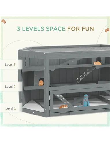 PawHut 3 Tier Wooden Large Hamster Cage with Sliding Tray, Seesaws, Water Bottle, Grey