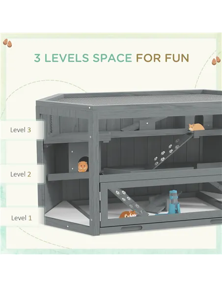 PawHut 3 Tier Wooden Large Hamster Cage with Sliding Tray, Seesaws, Water Bottle, Grey
