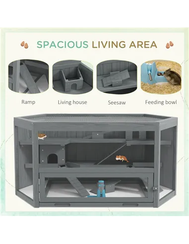 PawHut 3 Tier Wooden Large Hamster Cage with Sliding Tray, Seesaws, Water Bottle, Grey