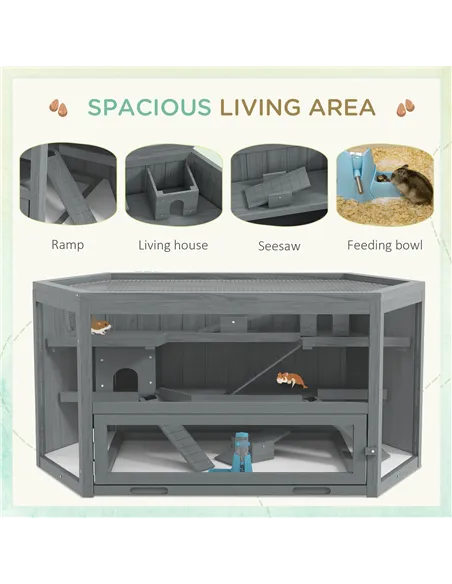 PawHut 3 Tier Wooden Large Hamster Cage with Sliding Tray, Seesaws, Water Bottle, Grey