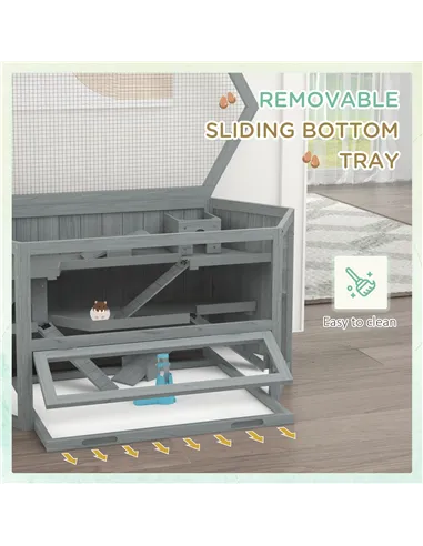 PawHut 3 Tier Wooden Large Hamster Cage with Sliding Tray, Seesaws, Water Bottle, Grey