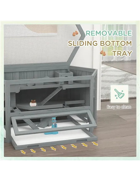 PawHut 3 Tier Wooden Large Hamster Cage with Sliding Tray, Seesaws, Water Bottle, Grey