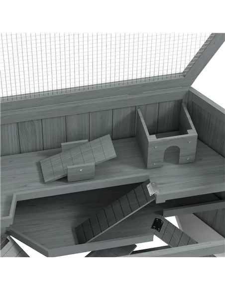 PawHut 3 Tier Wooden Large Hamster Cage with Sliding Tray, Seesaws, Water Bottle, Grey