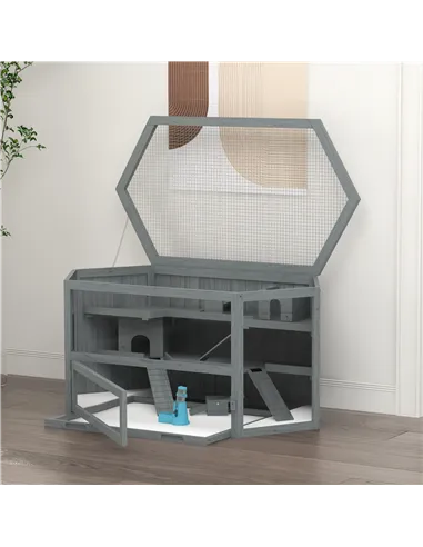 PawHut 3 Tier Wooden Large Hamster Cage with Sliding Tray, Seesaws, Water Bottle, Grey
