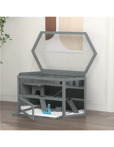 PawHut 3 Tier Wooden Large Hamster Cage with Sliding Tray, Seesaws, Water Bottle, Grey