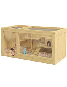 PawHut Wooden Hamster Cage with Water Bottle, Platforms, Openable Roof, Sliding Tray, Hut, Seesaws, Natural Wood Finish