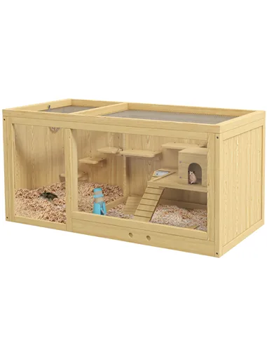 PawHut Wooden Hamster Cage with Water Bottle, Platforms, Openable Roof, Sliding Tray, Hut, Seesaws, Natural Wood Finish