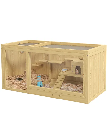 PawHut Wooden Hamster Cage with Water Bottle, Platforms, Openable Roof, Sliding Tray, Hut, Seesaws, Natural Wood Finish