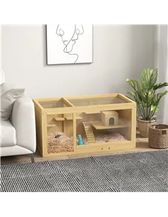 PawHut Wooden Hamster Cage with Water Bottle, Platforms, Openable Roof, Sliding Tray, Hut, Seesaws, Natural Wood Finish 2