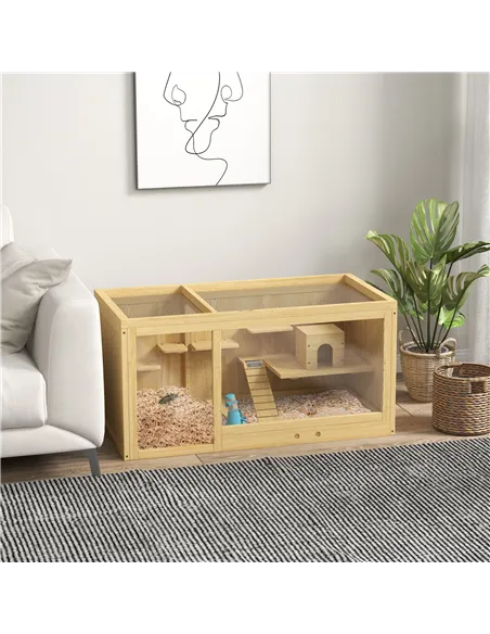 PawHut Wooden Hamster Cage with Water Bottle, Platforms, Openable Roof, Sliding Tray, Hut, Seesaws, Natural Wood Finish