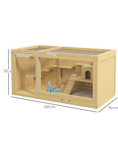 PawHut Wooden Hamster Cage with Water Bottle, Platforms, Openable Roof, Sliding Tray, Hut, Seesaws, Natural Wood Finish