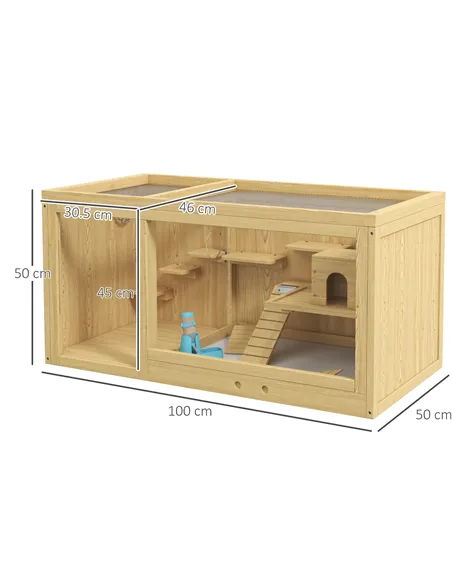 PawHut Wooden Hamster Cage with Water Bottle, Platforms, Openable Roof, Sliding Tray, Hut, Seesaws, Natural Wood Finish