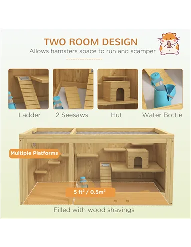 PawHut Wooden Hamster Cage with Water Bottle, Platforms, Openable Roof, Sliding Tray, Hut, Seesaws, Natural Wood Finish