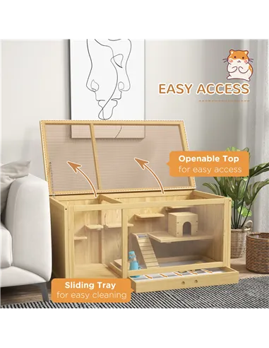 PawHut Wooden Hamster Cage with Water Bottle, Platforms, Openable Roof, Sliding Tray, Hut, Seesaws, Natural Wood Finish