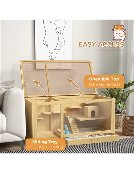 PawHut Wooden Hamster Cage with Water Bottle, Platforms, Openable Roof, Sliding Tray, Hut, Seesaws, Natural Wood Finish